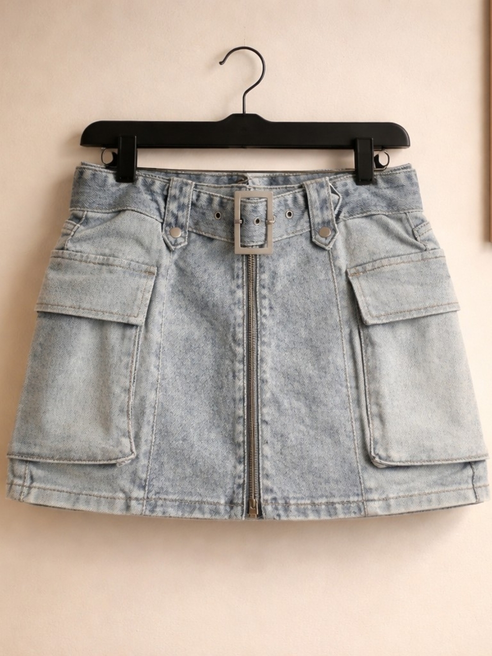 Light Wash Denim Mini Skirt with Cargo Pockets